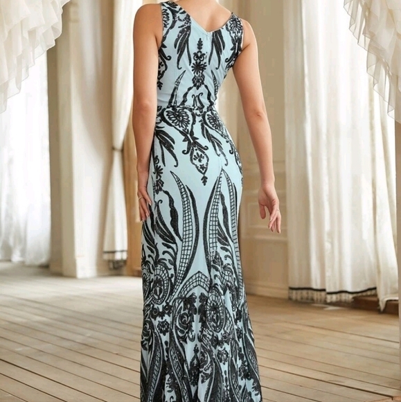 Sleeveless Deep V Neck and Back Baby Blue and Black Formal Gown - Picture 10 of 12